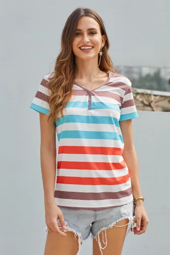 Sky Blue Striped Henley T Shirt