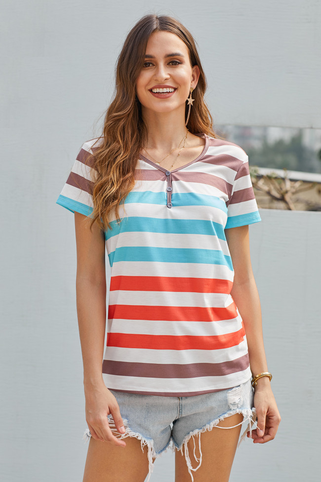 Sky Blue Striped Henley T Shirt