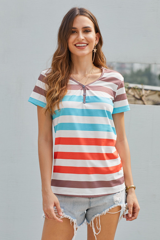 Sky Blue Striped Henley T Shirt