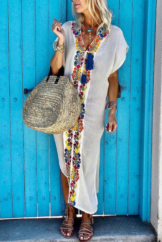 White Bohemian Pleated Printed Colour Slit Dress