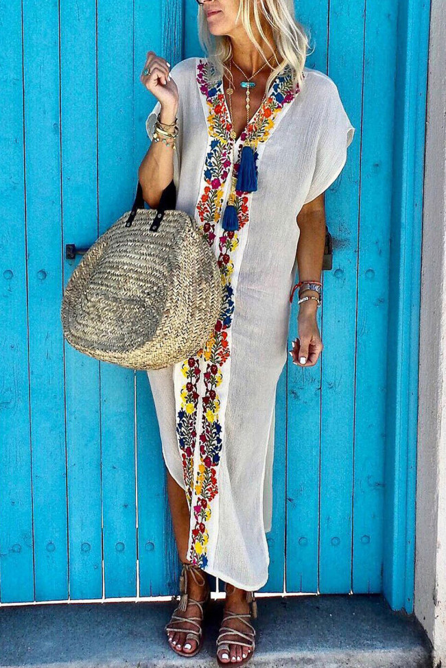 White Bohemian Pleated Printed Colour Slit Dress