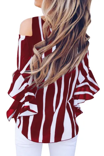Red Cold Shoulder Vertical Stripes Blouse