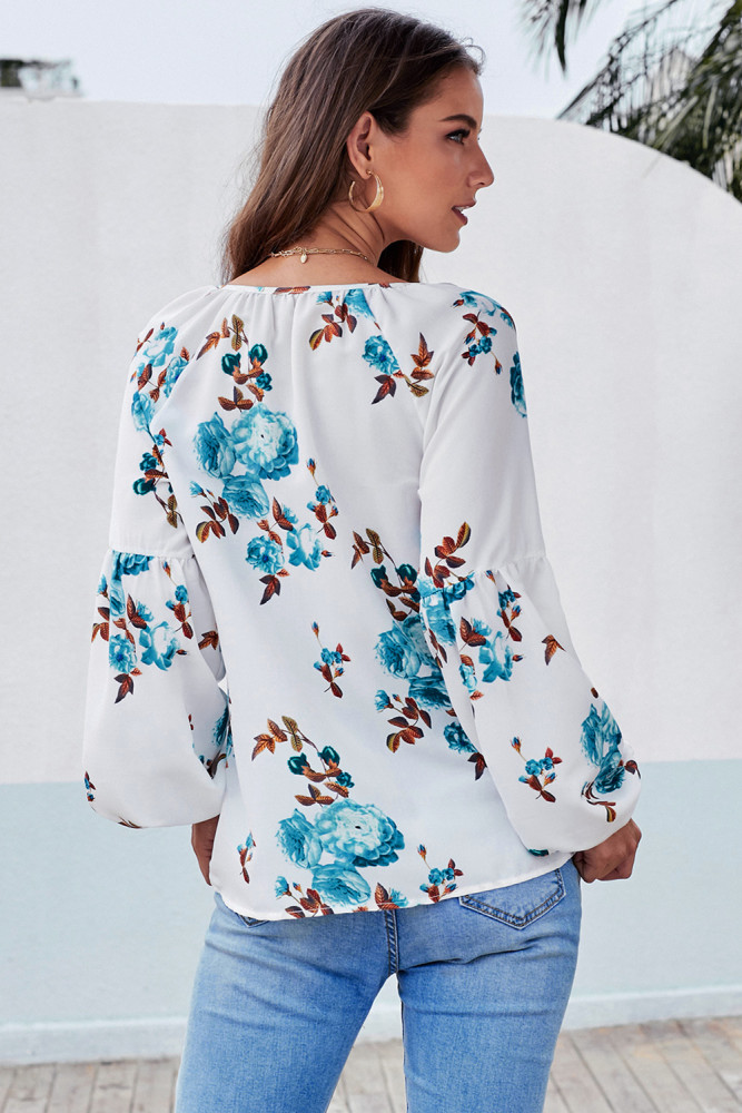 Green Ballon Sleeve Floral Shirt Top