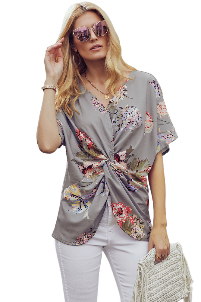 Gray Amaryllis Floral Twist Top
