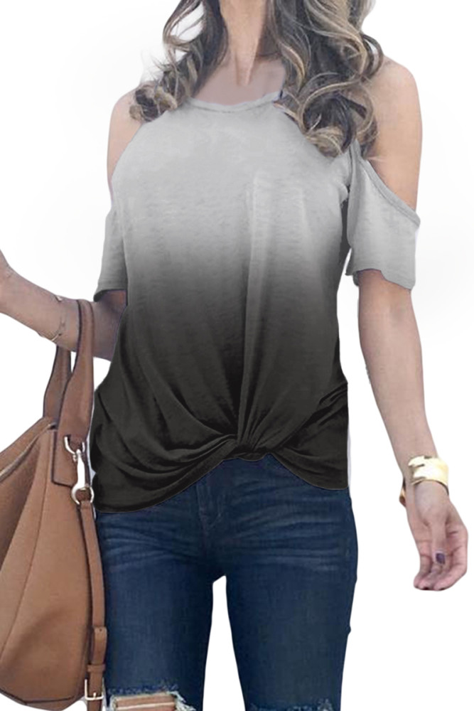 Gray Gradient Cold Shoulder Knot Twisted T-Shirt