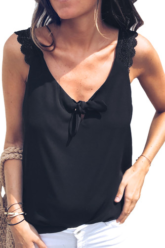 Black Front Knot Lace Shoulder Sleeveless Tank Top