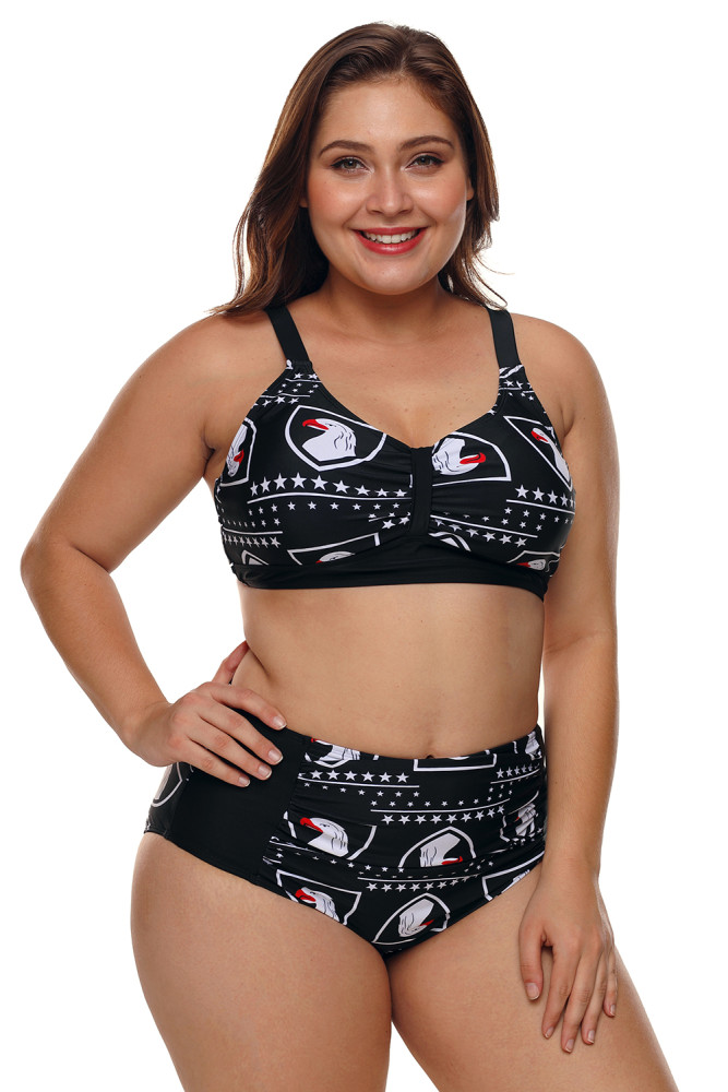 Eagles and Stars Black 2pcs Plus Size High Waist Swimsuit