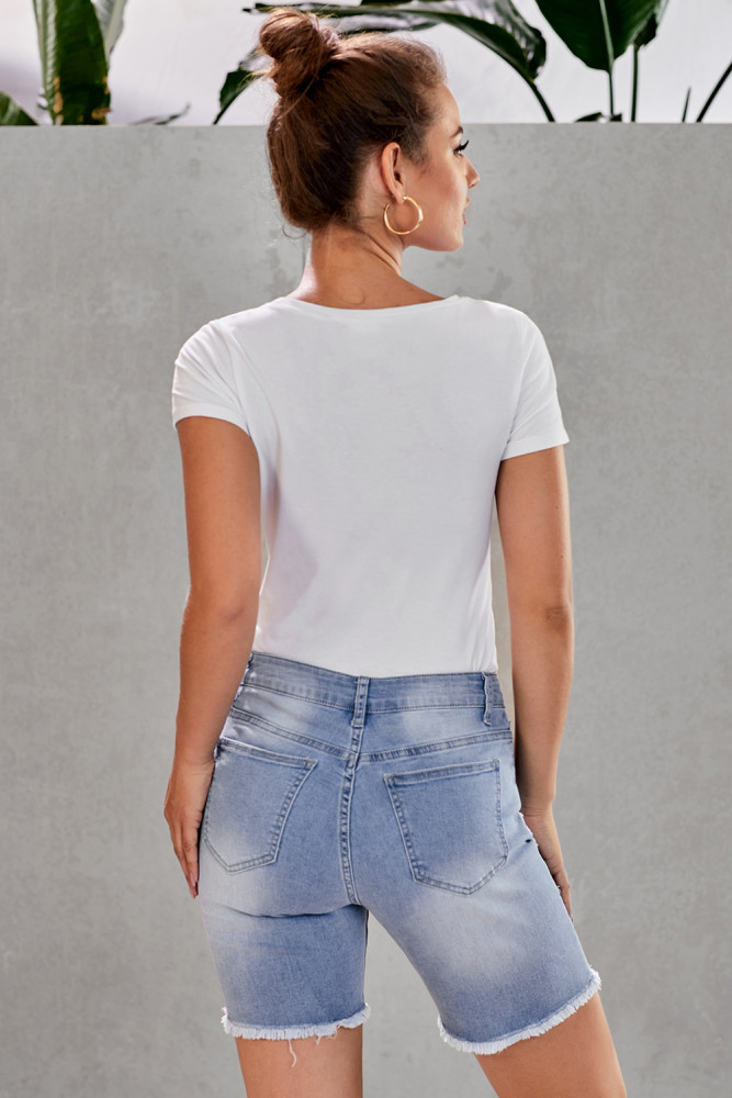 Sky Blue Button Front Distressed Shorts