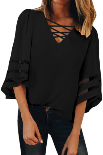 Black Criss Cross Neck 3/4 Bell Sleeve Blouse