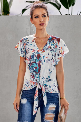 Multicolor Button Down V Neck Ruffle Cap Sleeve Tie Knot Blouse