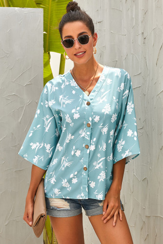 Sky Blue Floral Button Down Top