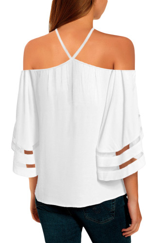 White Spaghetti Halter Off The Shoulder Three Quarter Sleeve Shirt
