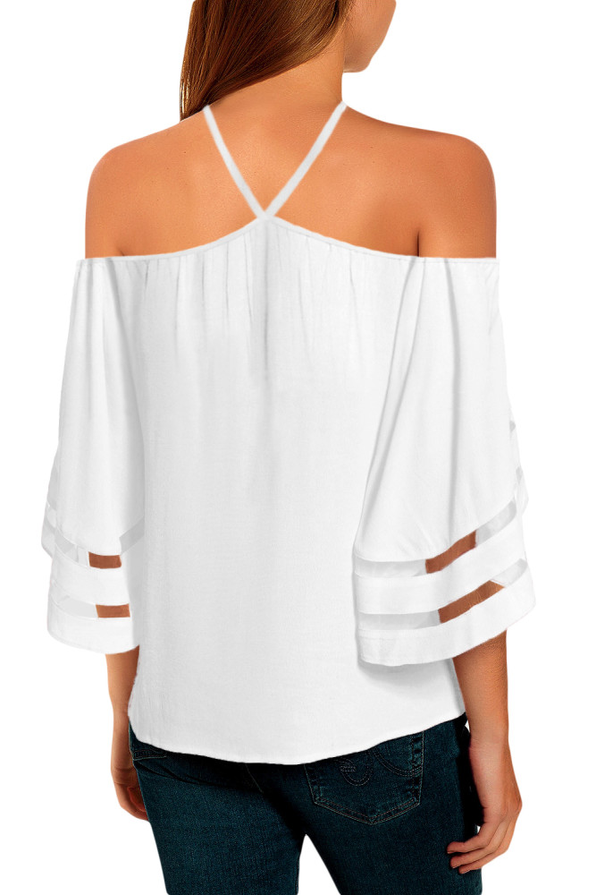 White Spaghetti Halter Off The Shoulder Three Quarter Sleeve Shirt