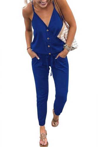 Blue Buttoned V Neck Sleeveless Jumpsuit