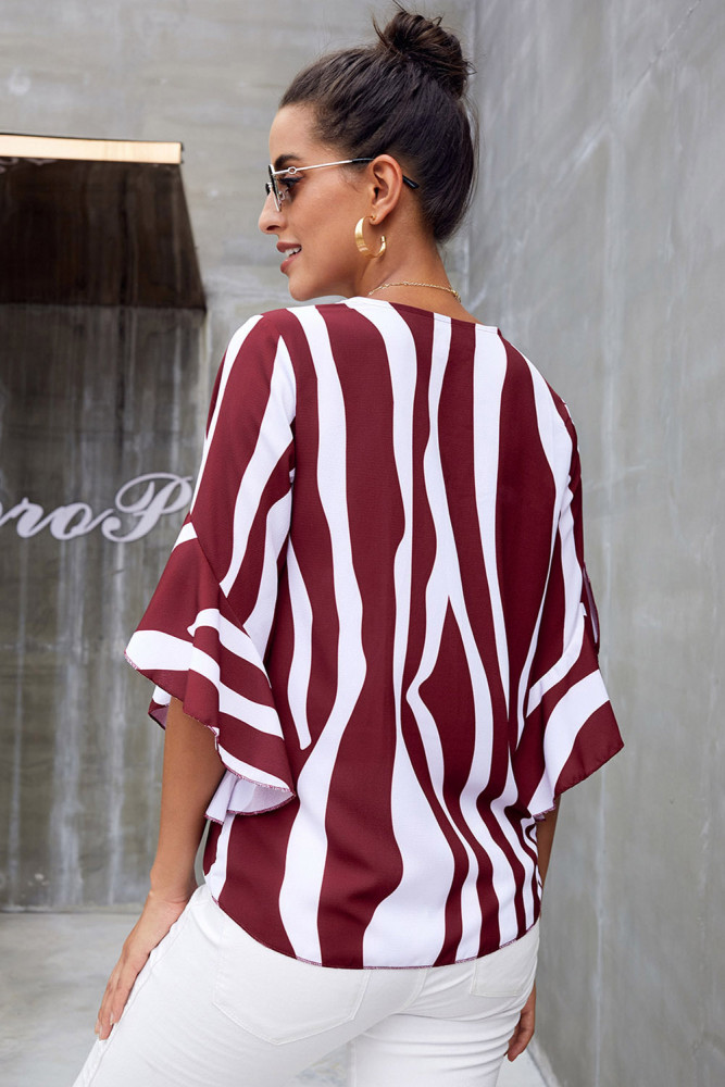 Red Vertical Stripes V Neck 3/4 Sleeve Blouse