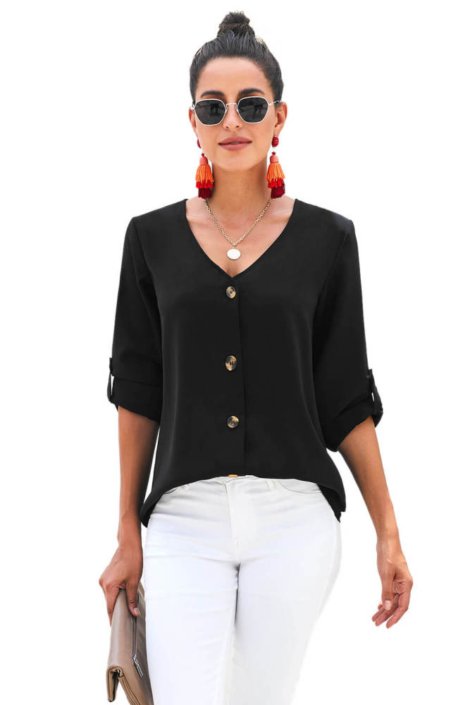 Black Button Down V Neck Sleeve Tie Shirt