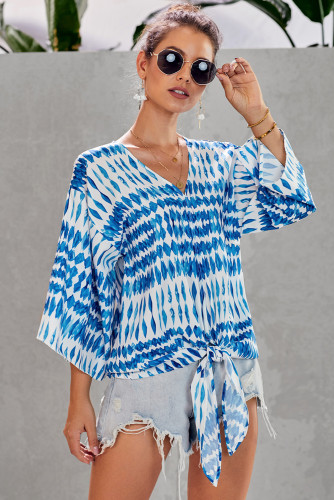 Blue Floral Printed Deep V Neck Tie Front Blouse