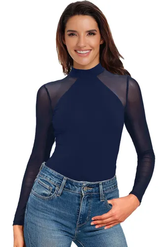 Entrancing Blue Mesh Long Sleeve Bodysuit