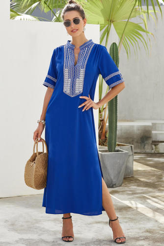 Blue Bohemian Floral Print Split Maxi Dress
