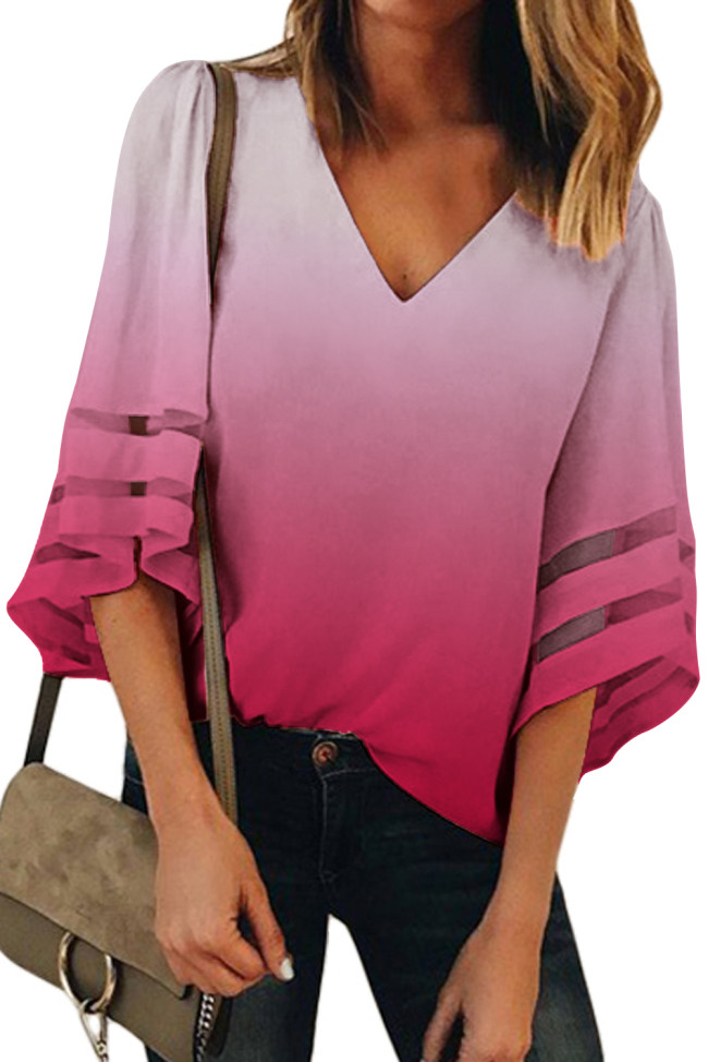 Red Ombre Bell Sleeve V Neck Relaxing Fit Blouse