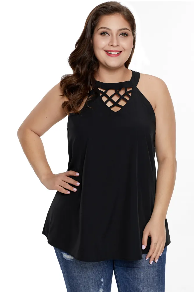 Plus Size Black Challis Goddess Lattice Tank