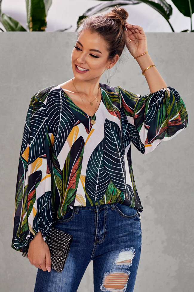 Green Boho Print Balloon Sleeve Blouse