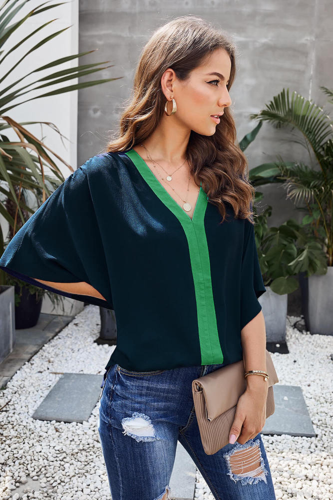 Blue Fashion Contrast Color V Neck Blouse