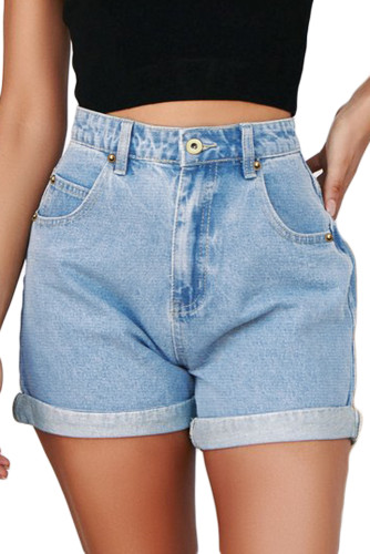 Sky Blue Vintage Denim High Waisted Folded Hem Jeans Shorts