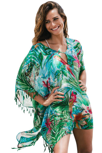 Green Bohemian Print Leaf Fringed Beach Tunic