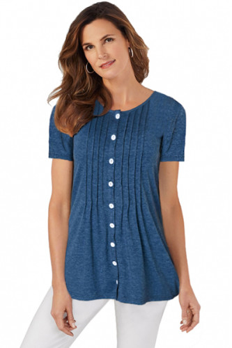 Blue Button Up Crinkle Chest T Shirt