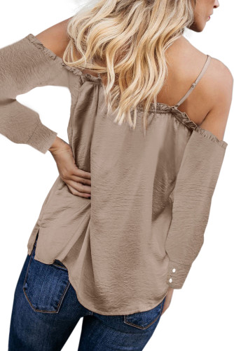 Apricot Ruffle V Neck Off Shoulder Spaghetti Strap Shirt