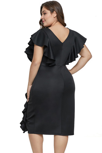Black Ruffled Flutter Sleeve Plus Size Dress