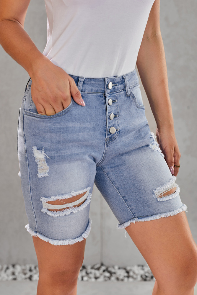 Sky Blue Button Front Distressed Shorts