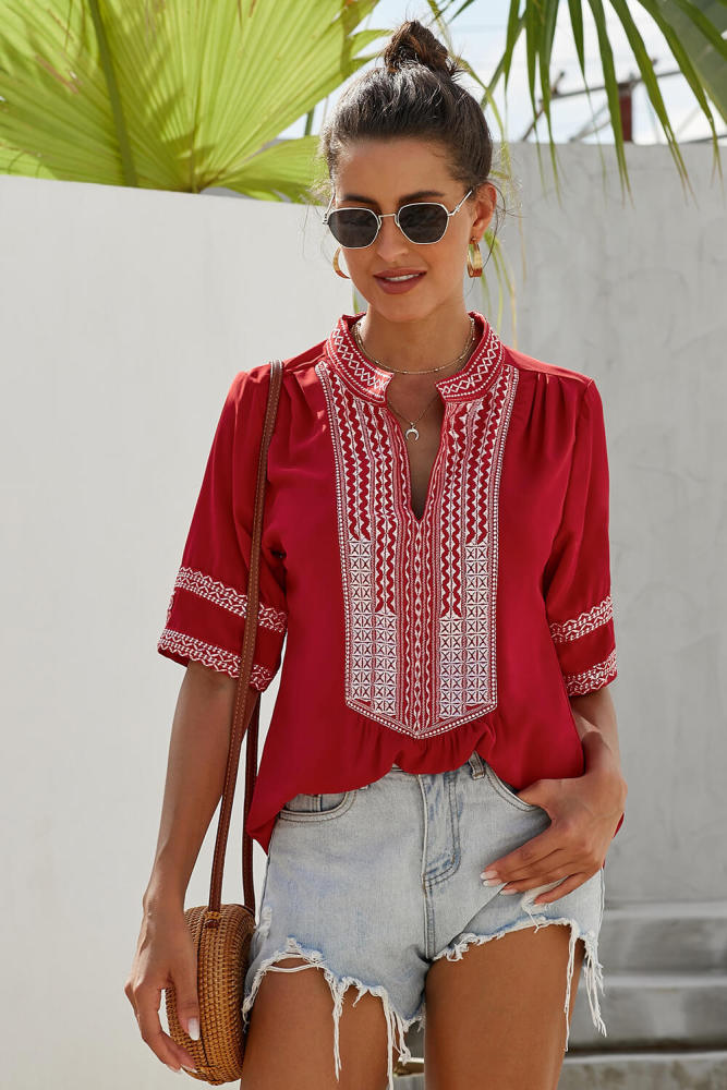 Red Elbow Length Sleeves Front Embroidery Blouse