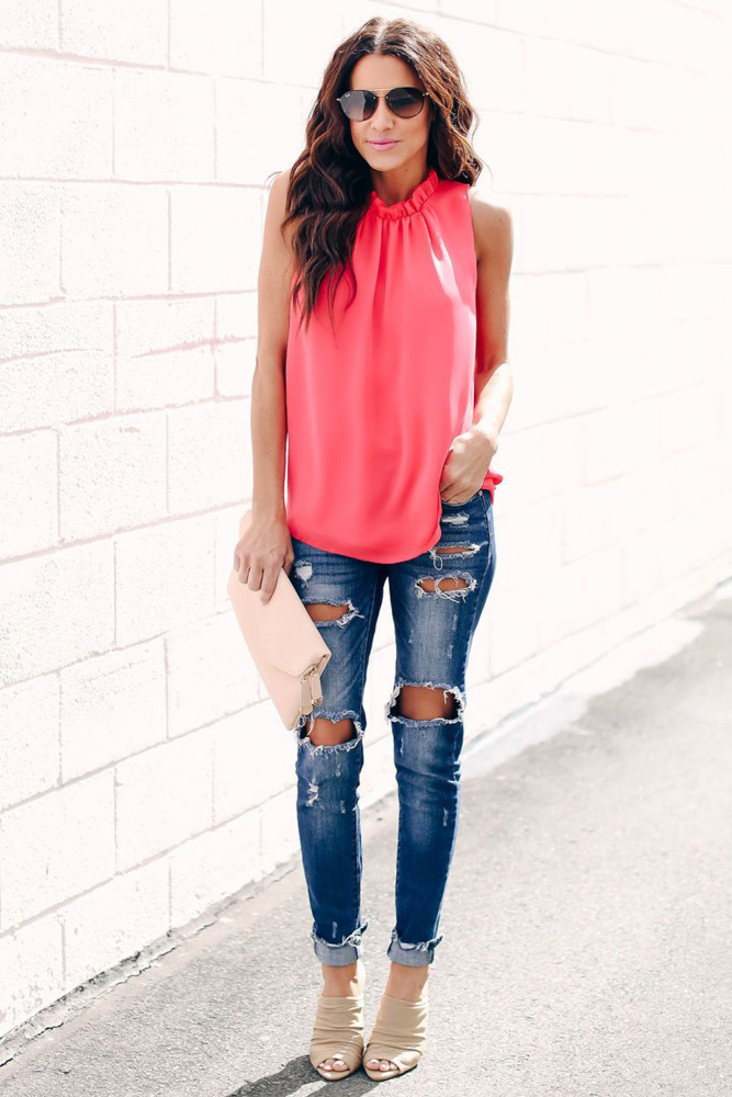 Red Ruffle Trim Neckline Tank Top