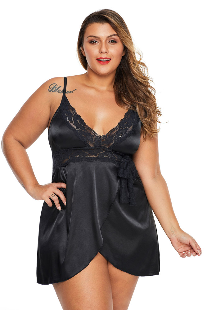 Black Lace V Neckline Plus Size Babydoll