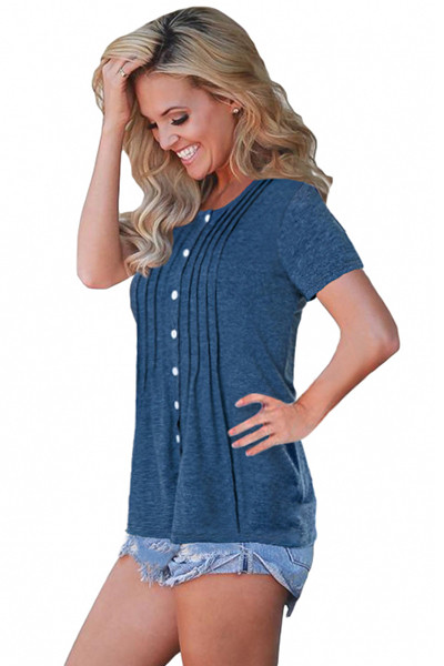 Blue Button Up Crinkle Chest T Shirt