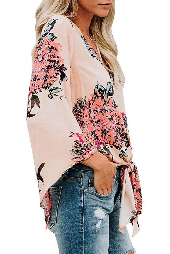 Pink V Neck Flared Sleeve Floral Blouse