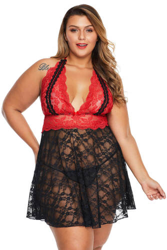 Red Sexy Lace Backless Halter Plus Size Babydoll