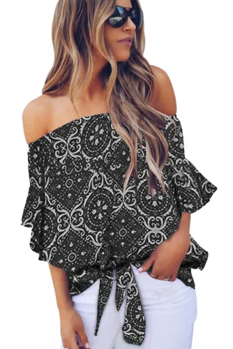 Black Bohemian Floral Print Off The Shoulder Blouse