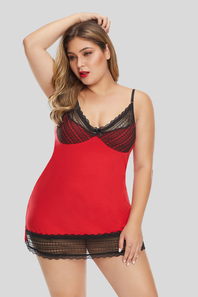 Red Lace Trim Plus Size Chemise
