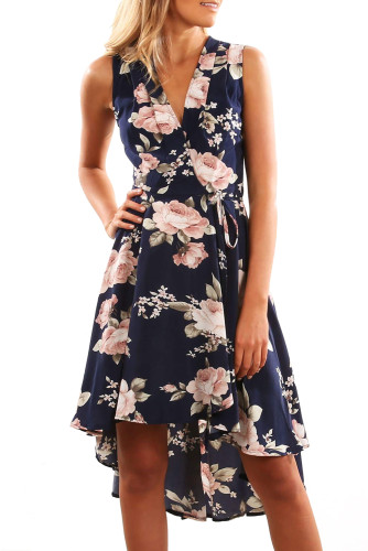 Blue V-Neck Floral Printed High-Low Sleeveless Skater Dress
