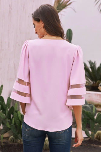 Pink Sexy V Collar Floral Print Bell Sleeve T-shirt Blouse