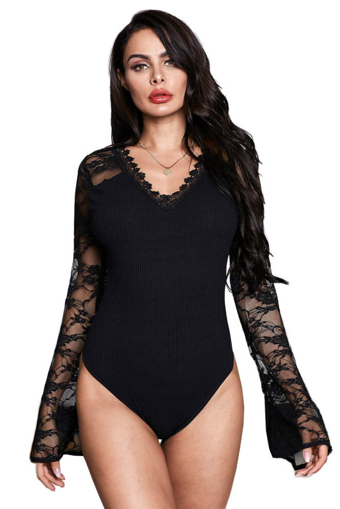 Black Flare Lace Sleeve Ribbed Bodysuit