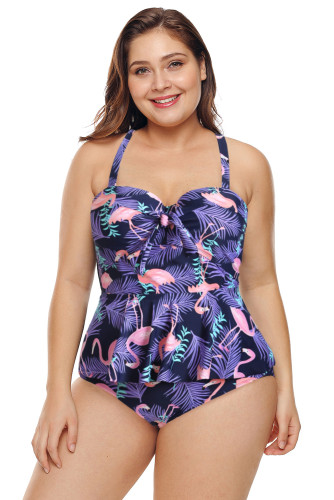 Purple Plus Size Ruffled Tankini with Floral Panty