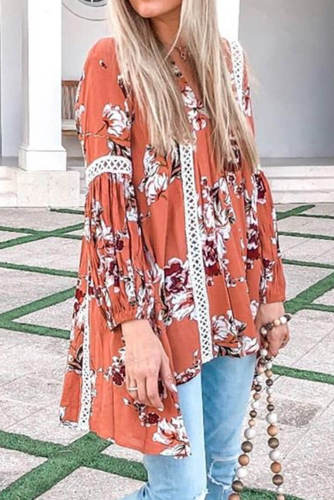 Orange Long Sleeve V Neck Hollow Out Boho Floral Blouse