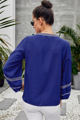 Blue V Neck Bohemian Printed Lantern Sleeve Blouse