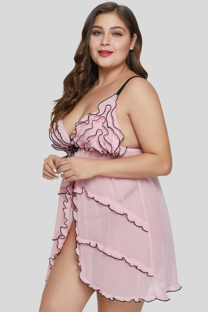 Plus Size Pink Ruffled Mesh Babydoll