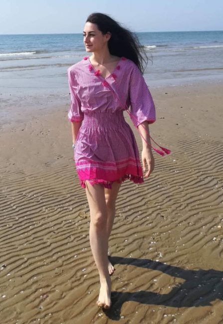Rose Summer V Neck 3/4 Sleeves Tassel-tie Dress