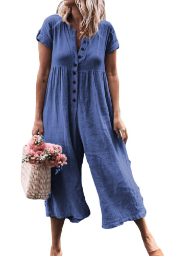 Blue Solid Short Sleeve Casual Jumpsuit